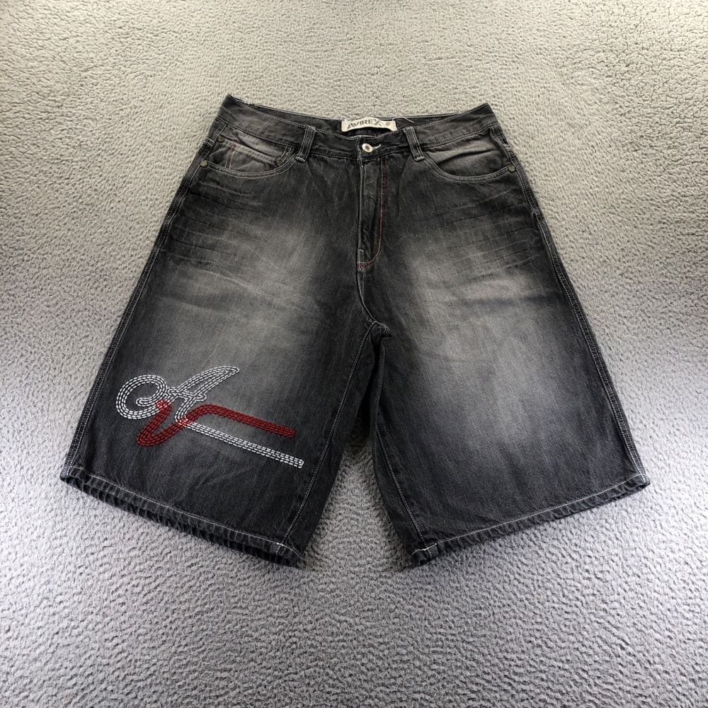 Vintage Avirex Shorts Mens 34 Gray Baggy Y2K Embroidered Skater Faded Wide Leg
